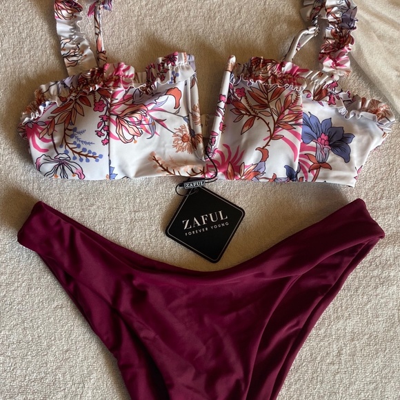 NWT Zaful floral and maroon swimsuit Size Small 4 - Picture 1 of 2